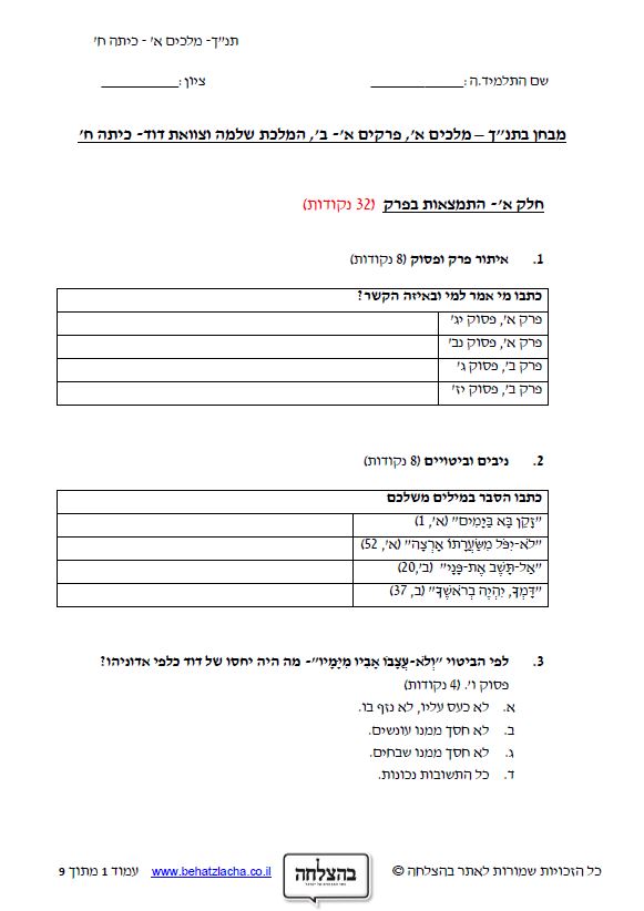 מבחן בתנ"ך לכיתה ח - ספר מלכים א,&nbsp;פרקים א, ב, המלכת שלמה וצוואת דוד - תכנית חדשה
